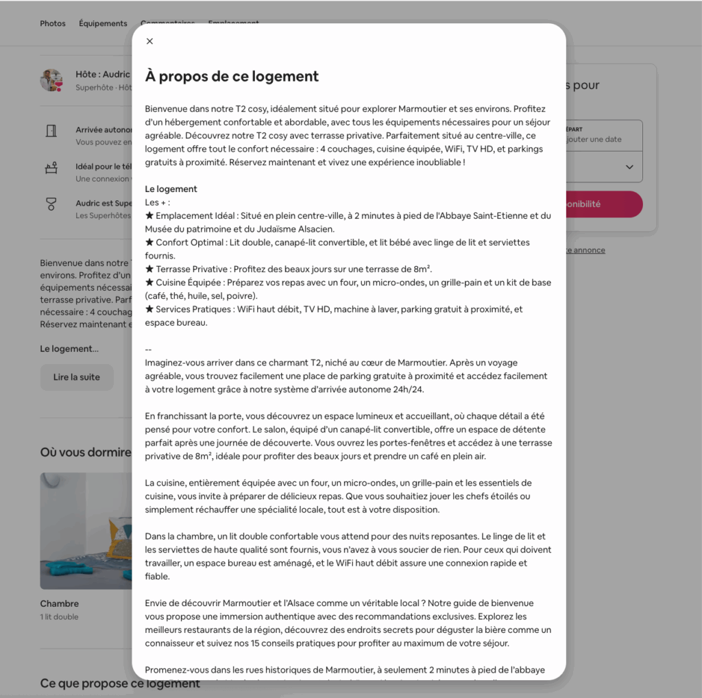 Exemple avant après annonce Airbnb Strasbourg - optimisation titre description