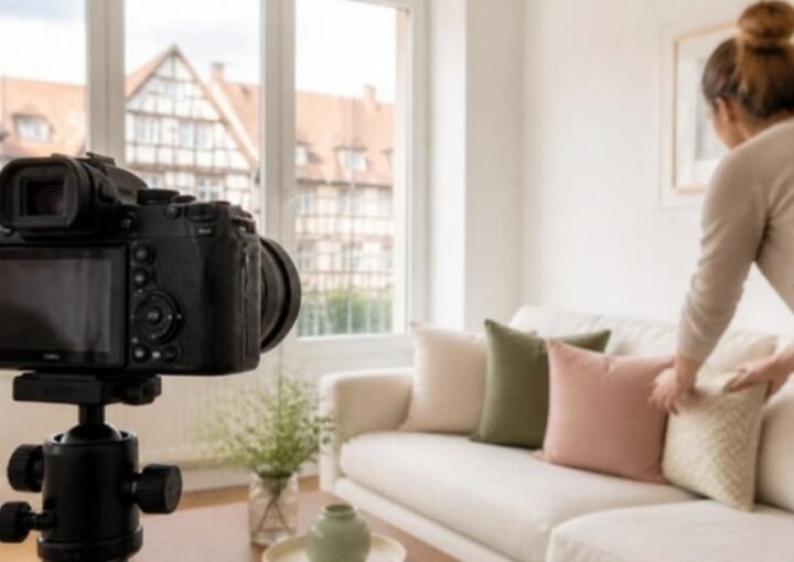 Appareil photo sur trépied face à un salon clair et rangé, une personne ajuste un coussin sur le canapé