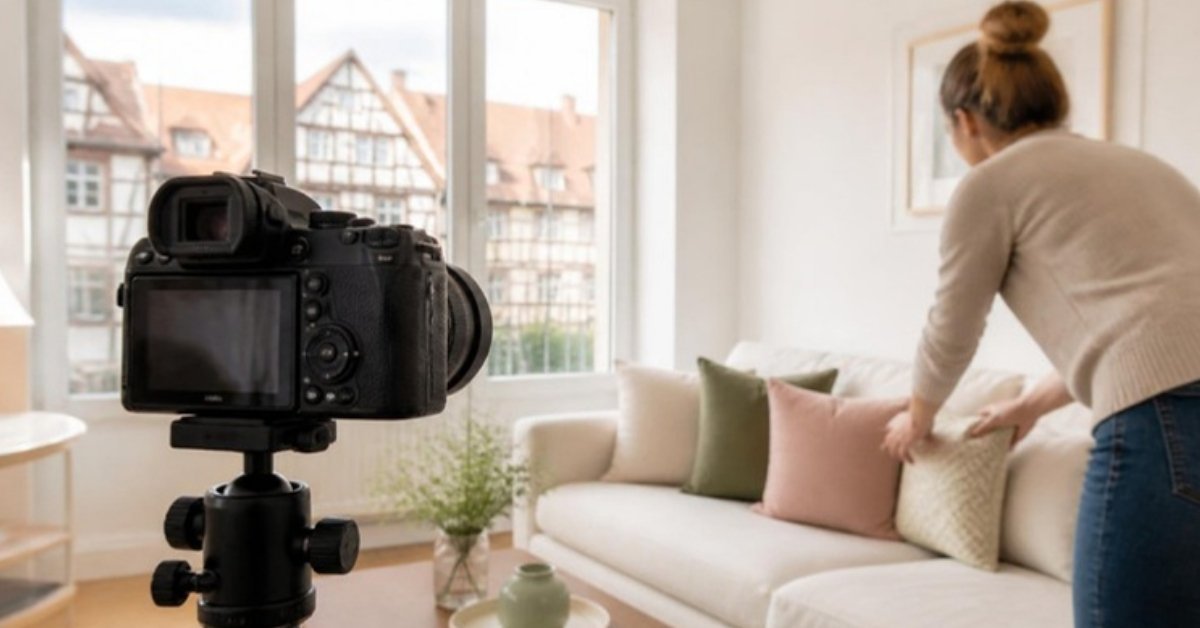 Appareil photo sur trépied face à un salon clair et rangé, une personne ajuste un coussin sur le canapé