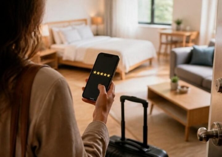 Une voyageuse sur le départ, valise à côté d’elle, donne cinq étoiles au logement sur son téléphone