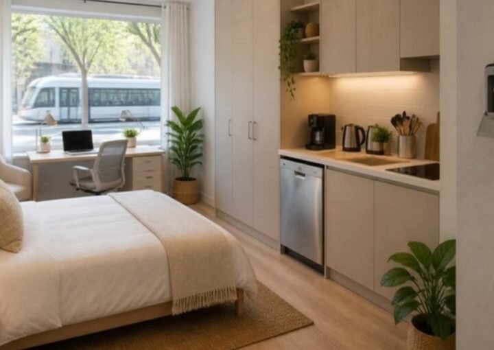 Studio lumineux prêt pour les voyageurs : lit fait, coin cuisine équipé, petit bureau, boîte à clés près de la porte et tram dans la rue
