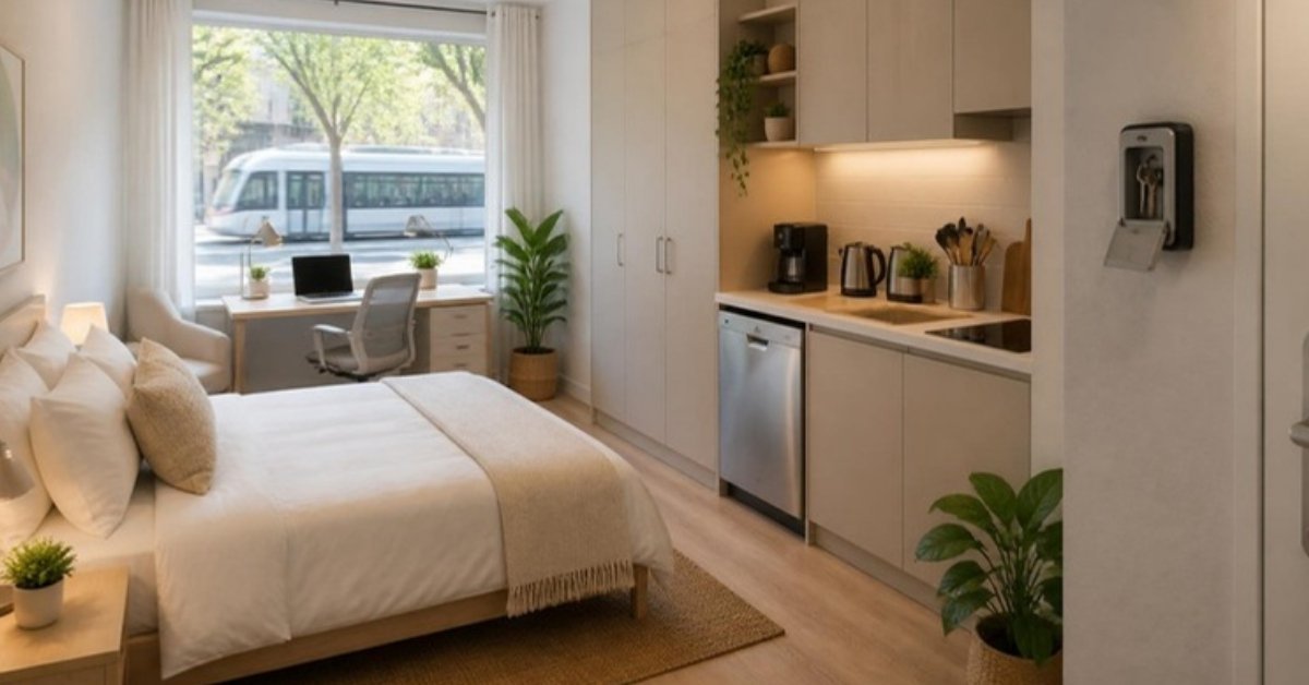 Studio lumineux prêt pour les voyageurs : lit fait, coin cuisine équipé, petit bureau, boîte à clés près de la porte et tram dans la rue