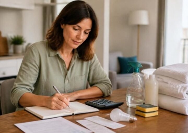 Propriétaire qui calcule le budget de sa location courte durée : carnet, calculatrice, linge, produits ménagers et factures