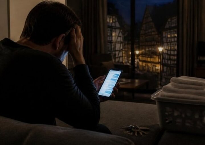 Un hôte épuisé, la main sur le front, lit des messages de voyageurs sur son téléphone tard le soir, à côté d’un panier de linge