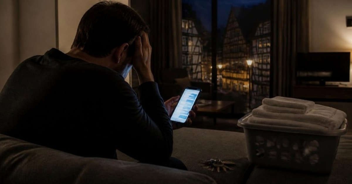Un hôte épuisé, la main sur le front, lit des messages de voyageurs sur son téléphone tard le soir, à côté d’un panier de linge