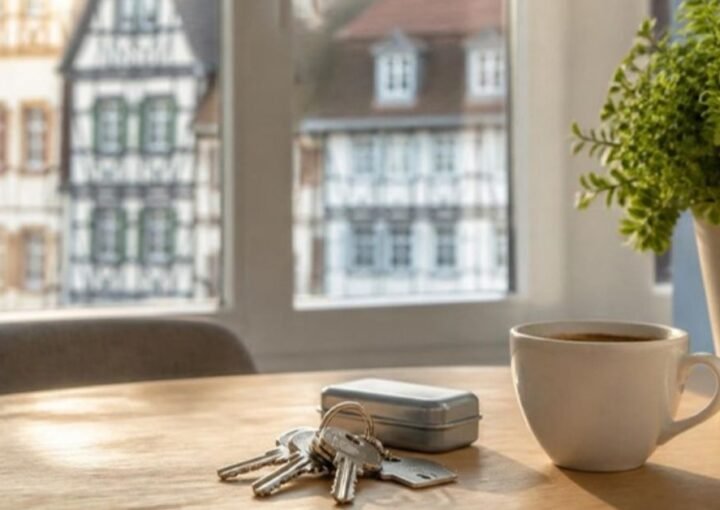 Trousseau de clés et boîte à clés posés sur une table en bois près d'une fenêtre lumineuse, avec une tasse, une plante verte et des façades à colombages floues à l'extérieur
