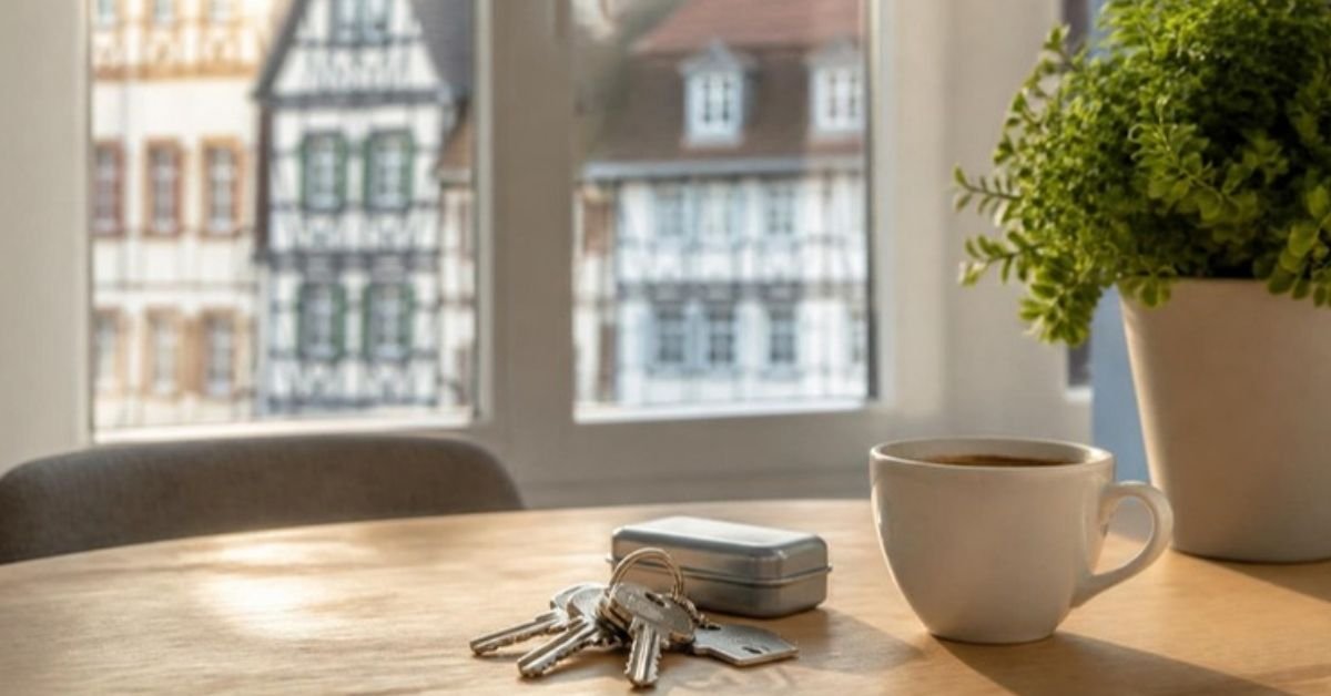 Trousseau de clés et boîte à clés posés sur une table en bois près d'une fenêtre lumineuse, avec une tasse, une plante verte et des façades à colombages floues à l'extérieur