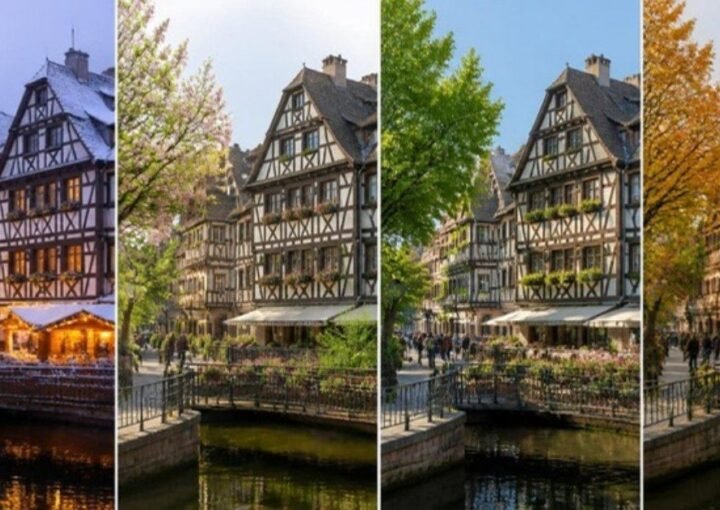 Le même coin de la Petite France à Strasbourg aux quatre saisons : marché de Noël sous la neige, printemps fleuri, terrasses d’été et feuillage d’automne