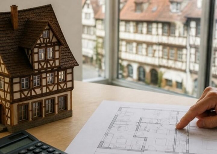 Maquette en bois d'une maison à colombages alsacienne, plan d'appartement et calculatrice sur une table, une main pointe une pièce du plan, devant des façades de Strasbourg floues