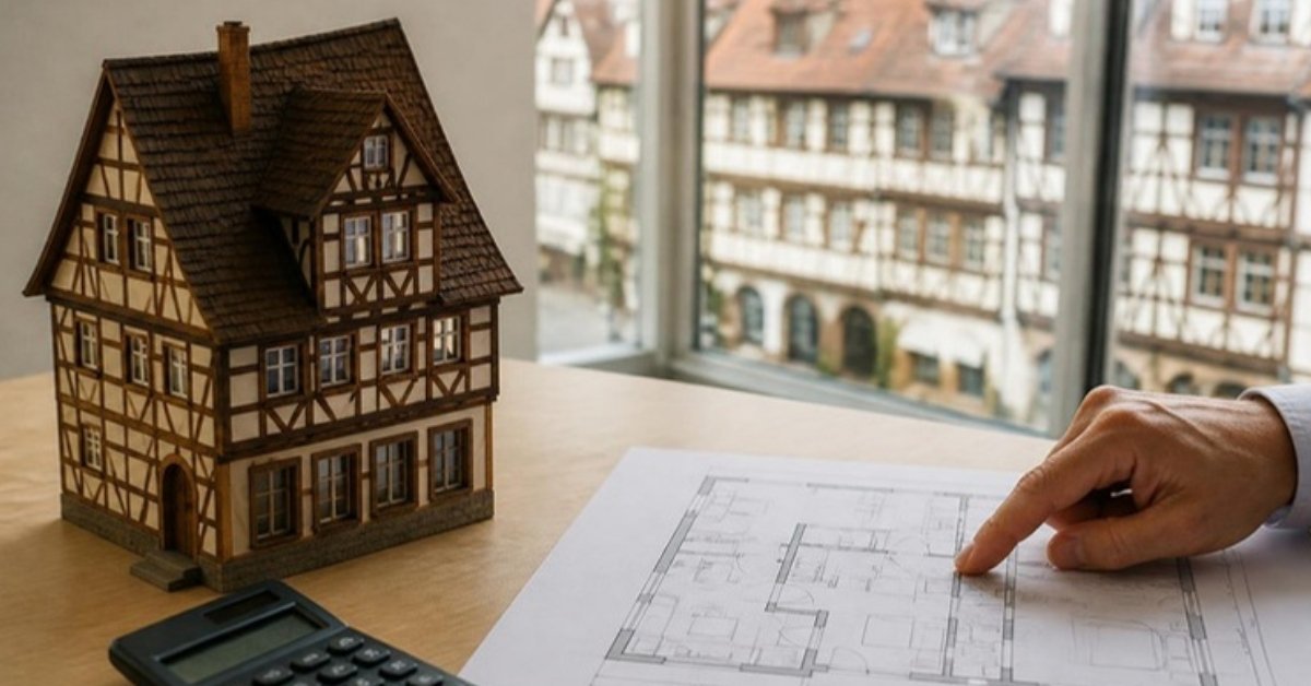 Maquette en bois d'une maison à colombages alsacienne, plan d'appartement et calculatrice sur une table, une main pointe une pièce du plan, devant des façades de Strasbourg floues