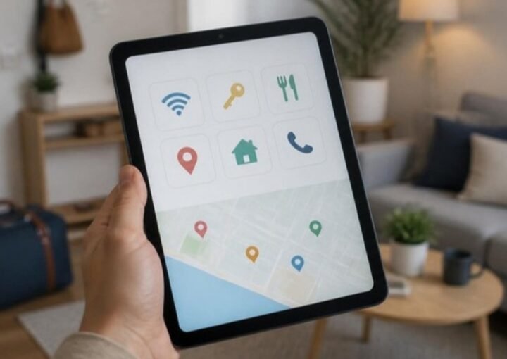 Une main tient une tablette affichant un livret d’accueil numérique avec des pictogrammes et un plan du quartier, dans un salon chaleureux