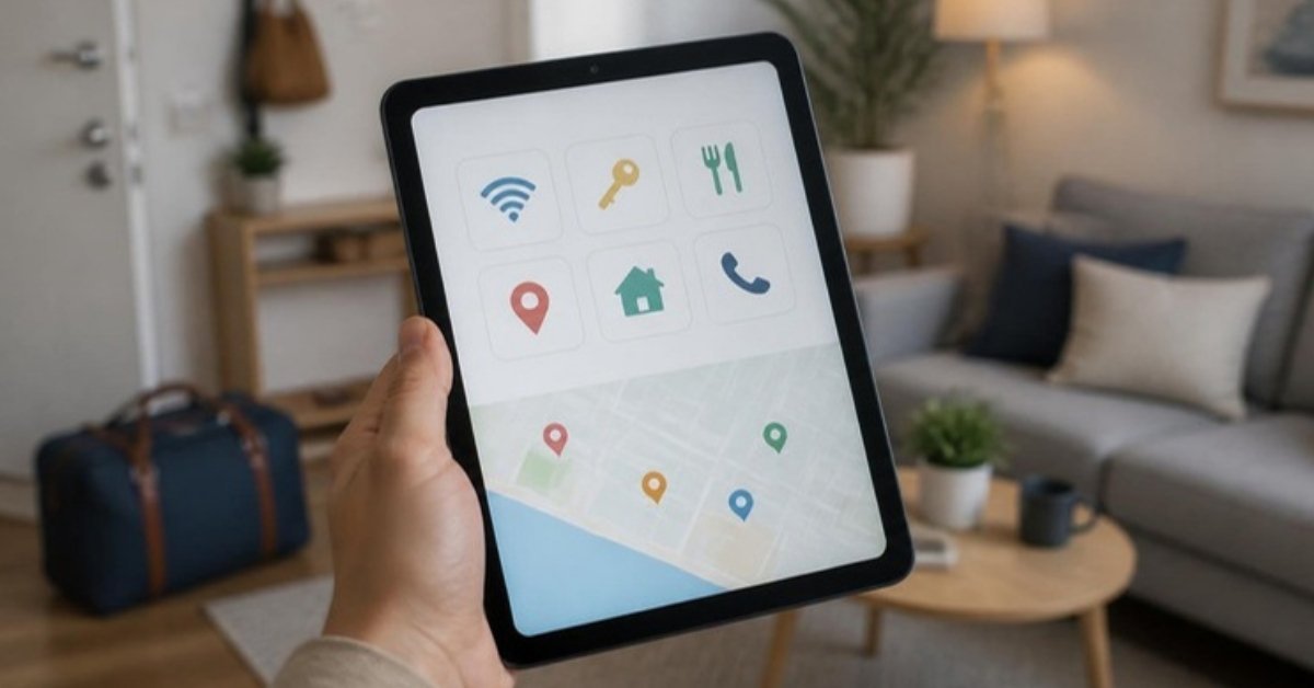 Une main tient une tablette affichant un livret d’accueil numérique avec des pictogrammes et un plan du quartier, dans un salon chaleureux