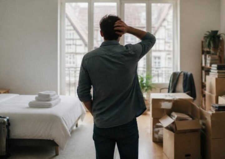 Un propriétaire hésite au milieu d’un appartement : d’un côté un lit prêt pour des voyageurs avec une valise, de l’autre des cartons et des affaires d’un locataire