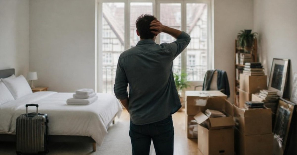 Un propriétaire hésite au milieu d’un appartement : d’un côté un lit prêt pour des voyageurs avec une valise, de l’autre des cartons et des affaires d’un locataire