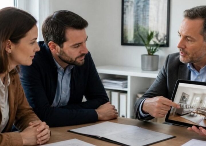 Agent immobilier qui montre à un couple de clients une annonce de location sur une tablette
