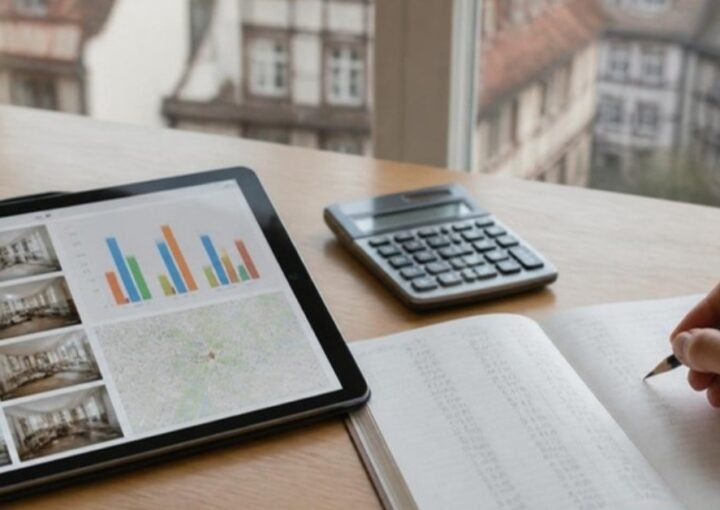 Tablette affichant des vignettes d'appartements, un graphique et une carte, avec une calculatrice et un carnet couvert de colonnes de calculs au crayon, devant des façades à colombages floues