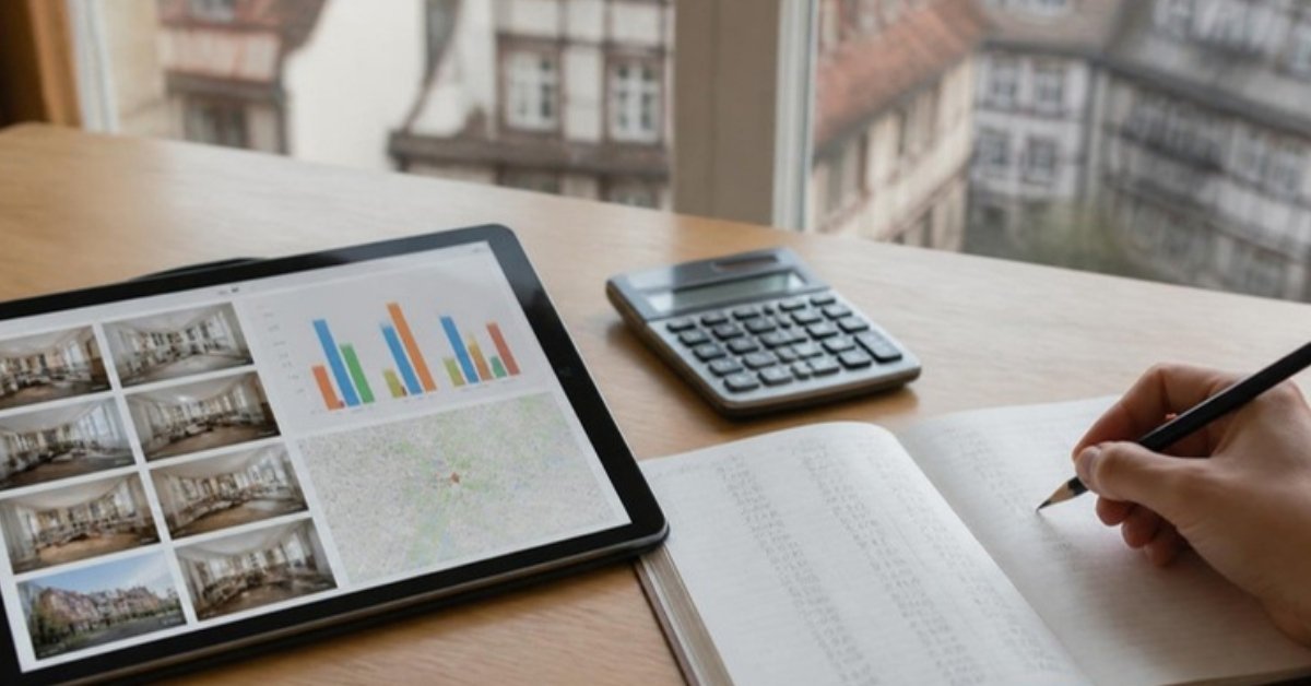 Tablette affichant des vignettes d'appartements, un graphique et une carte, avec une calculatrice et un carnet couvert de colonnes de calculs au crayon, devant des façades à colombages floues