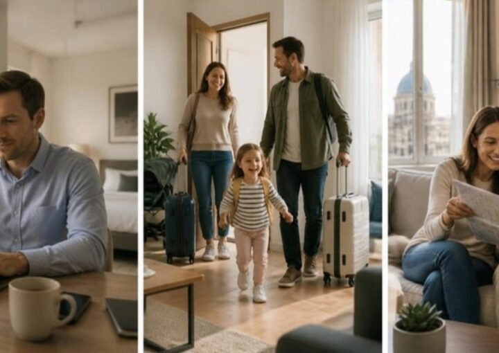 Trois profils de voyageurs en location courte durée : un voyageur professionnel au travail, une famille qui arrive, un couple qui lit un plan