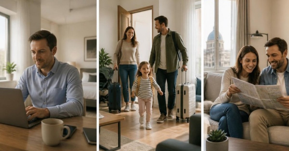 Trois profils de voyageurs en location courte durée : un voyageur professionnel au travail, une famille qui arrive, un couple qui lit un plan