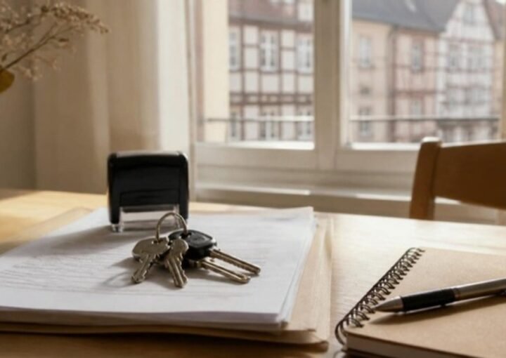 Trousseau de clés et dossier administratif sur une table en bois, devant une fenêtre donnant sur des façades à colombages de Strasbourg