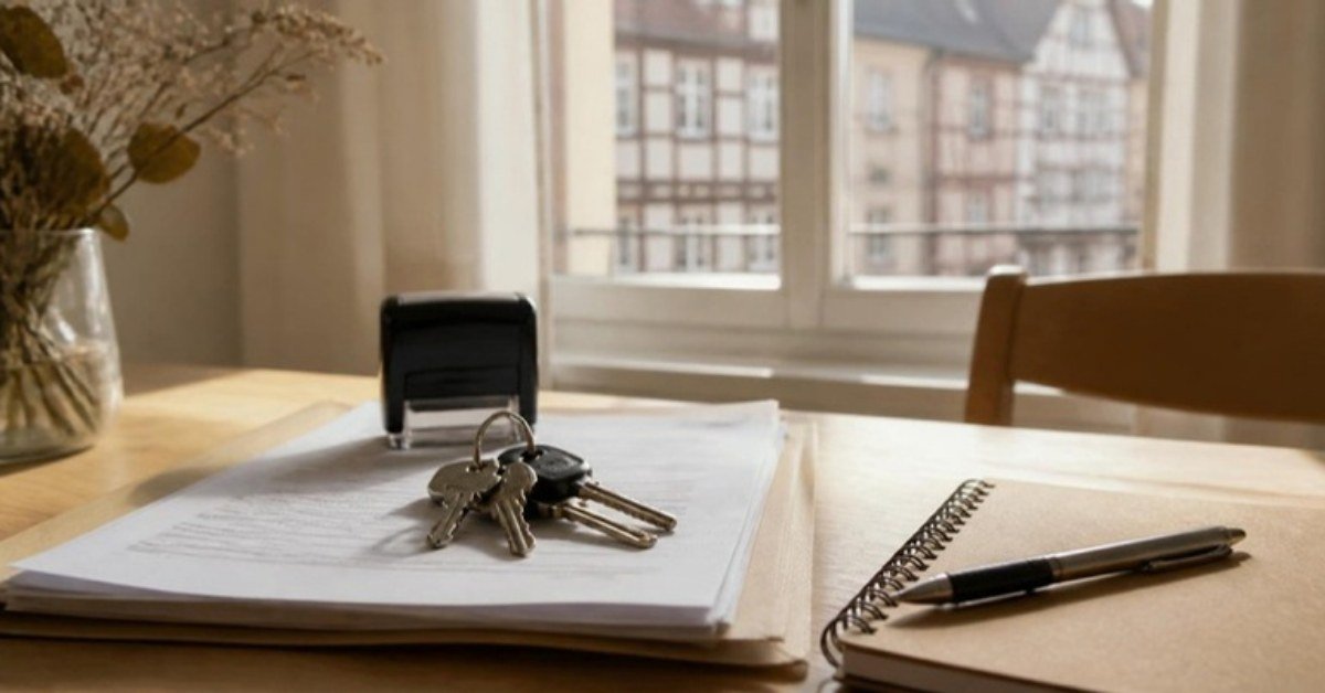 Trousseau de clés et dossier administratif sur une table en bois, devant une fenêtre donnant sur des façades à colombages de Strasbourg