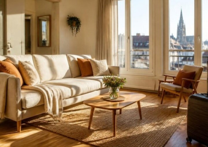 Salon lumineux d'un appartement de location courte durée à Strasbourg, valise près de l'entrée et vue sur la cathédrale