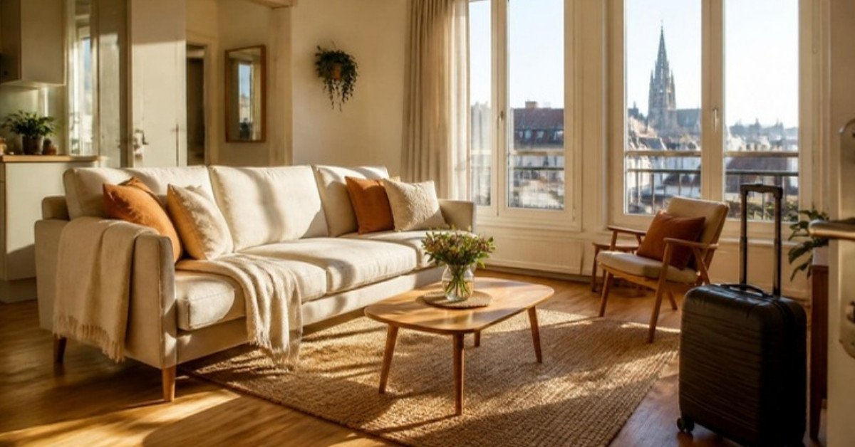 Salon lumineux d'un appartement de location courte durée à Strasbourg, valise près de l'entrée et vue sur la cathédrale
