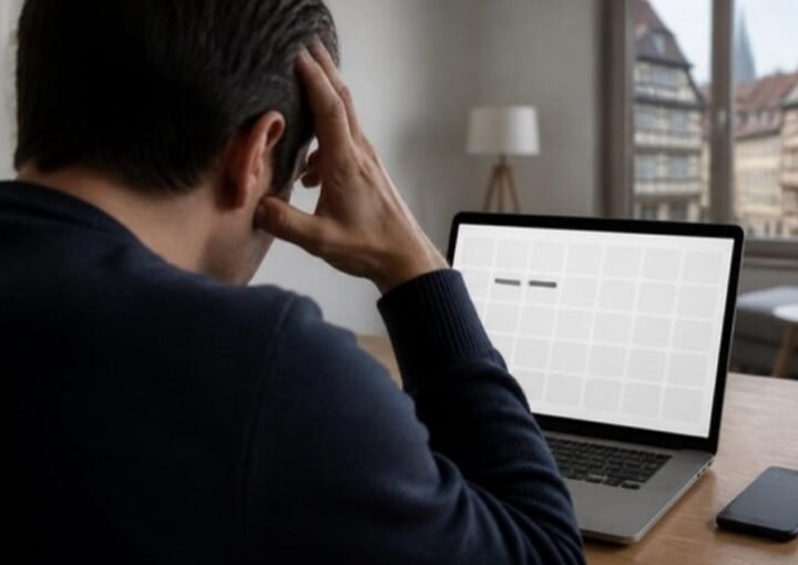 Un propriétaire inquiet, la main sur le front, regarde sur son ordinateur un calendrier de réservations presque vide