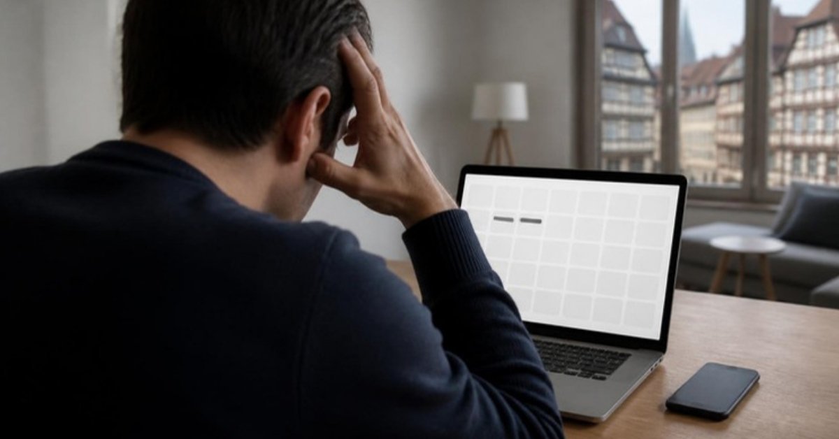 Un propriétaire inquiet, la main sur le front, regarde sur son ordinateur un calendrier de réservations presque vide